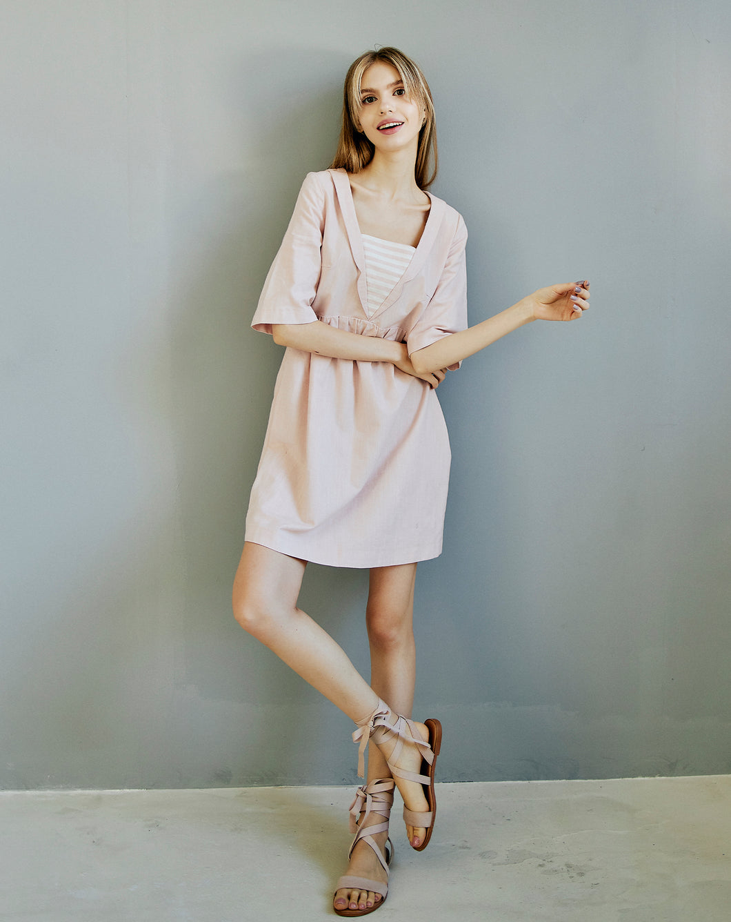 Dusty Pink Linen Blend Dress with a Decorative Collar and Striped Detail