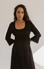 Load image into Gallery viewer, Black Crinkle Wool Dress With Three Quarter Sleeves For Fall And Winter Seasons
