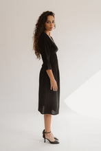 Load image into Gallery viewer, Black Crinkle Wool Dress With Three Quarter Sleeves For Fall And Winter Seasons
