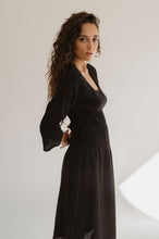 Load image into Gallery viewer, Black Crinkle Wool Dress With Three Quarter Sleeves For Fall And Winter Seasons
