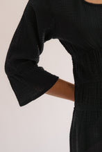 Load image into Gallery viewer, Black Crinkle Wool Dress With Three Quarter Sleeves For Fall And Winter Seasons
