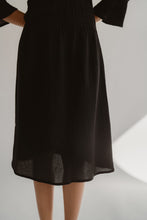 Load image into Gallery viewer, Black Crinkle Wool Dress With Three Quarter Sleeves For Fall And Winter Seasons
