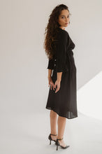 Load image into Gallery viewer, Black Crinkle Wool Dress With Three Quarter Sleeves For Fall And Winter Seasons
