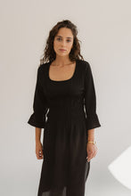 Load image into Gallery viewer, Black Crinkle Wool Dress With Three Quarter Sleeves For Fall And Winter Seasons
