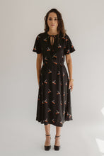 Load image into Gallery viewer, Birds Print On Black Crepe Evening Dress With Flattering Skirt And Sleeves
