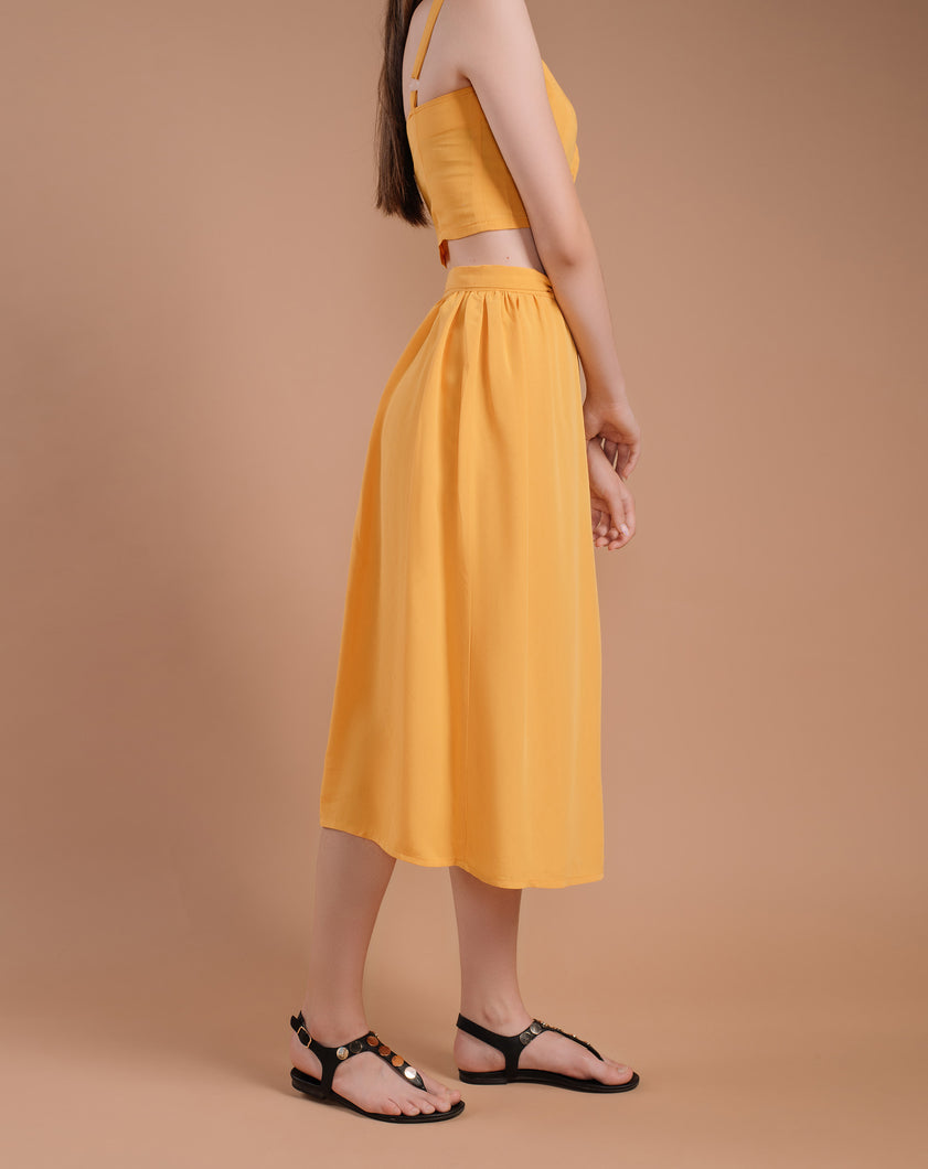 Yellow Front Buttons Top and Wrap Skirt Set